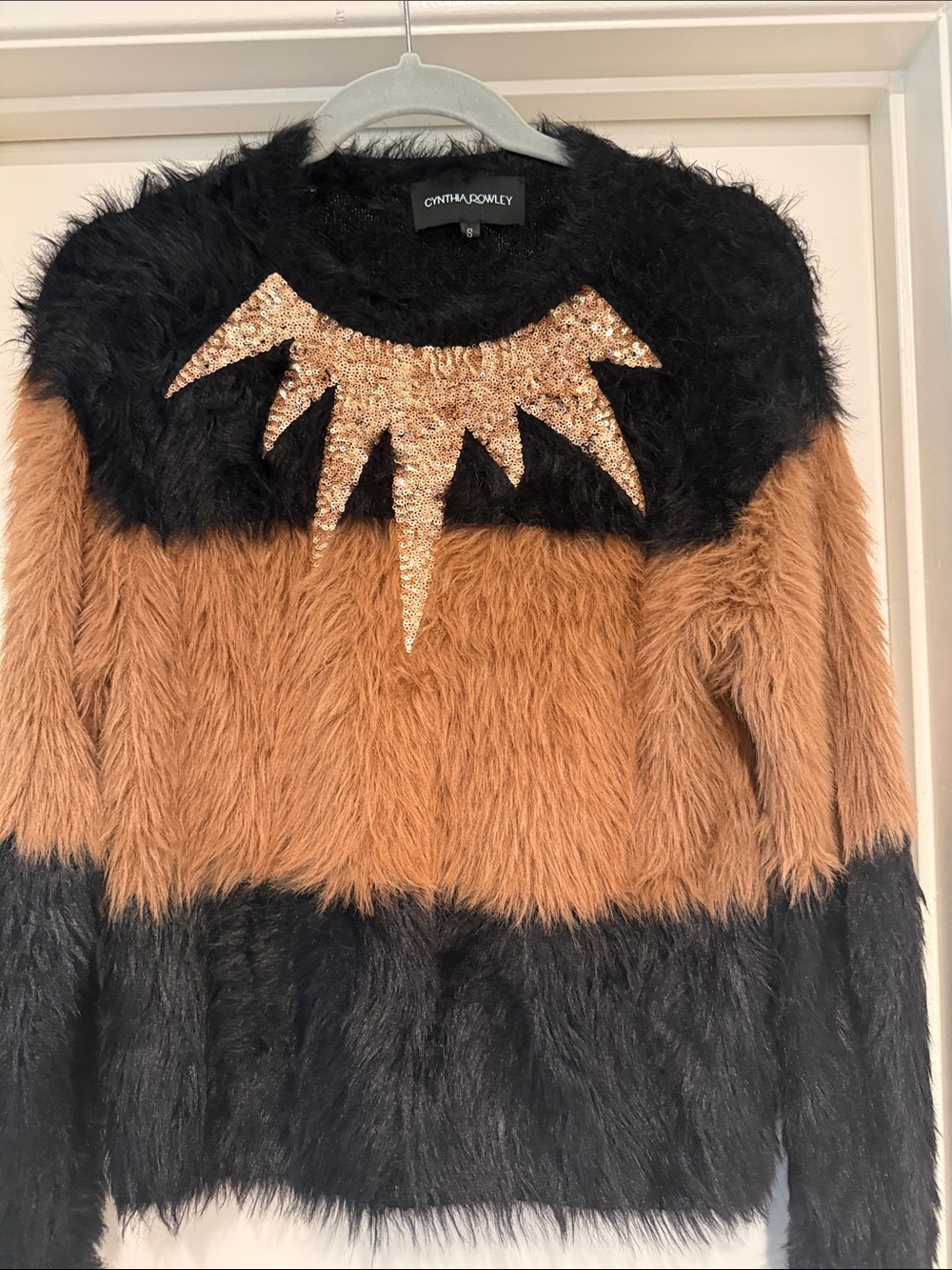 Cynthia Rowley Black and Camel Faux Fur Sweater with Gold Sequin Sunburst